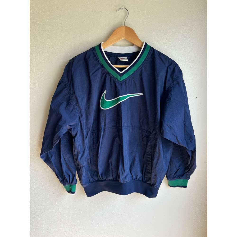Nike Vintage Kids Large 14-16 Navy Blue Green V-Neck Nylon Windbreaker Pullover